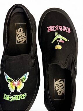 Vans Black Slip-On Sneakers with Multicolor Butterfly & Pink Floral Graphics